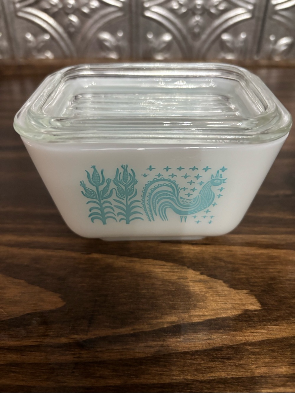Vintage Pyrex Glass Refrigerator Dish with Turquoise amish butterprint Design